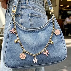 Gold & Pink Heart Flower Bow Detachable Handbag Chain Charm Strap Accessory